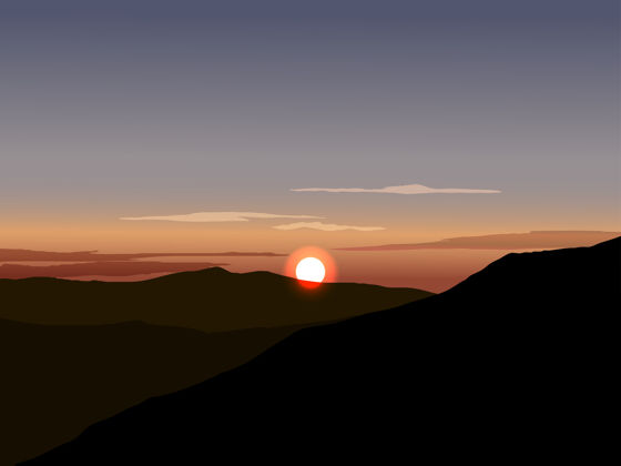 太阳日落插图与山和太阳在地平线上峰风景山