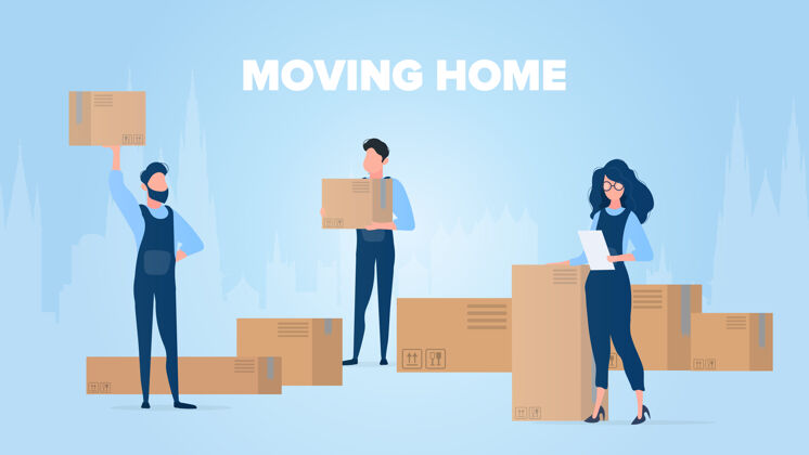 成人搬回家横幅.移动新家搬运工携带纸箱盒子运输和交付货物的概念卡车工作旅游