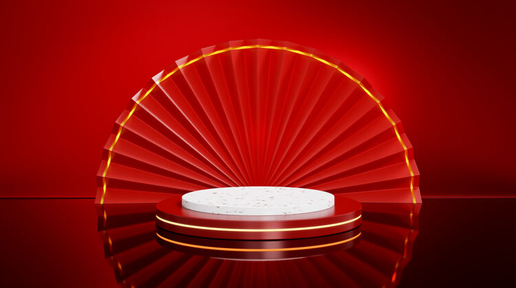 美丽红色开放式中式折扇和圆形舞台 在红色光泽的背景下进行产品展示装饰月亮问候亚洲