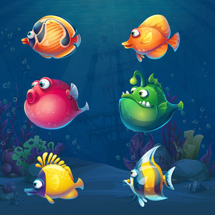 鱼一组卡通搞笑鱼在水下世界的背景插图水下贝壳珊瑚