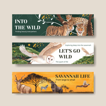 景观横幅模板与萨凡纳野生动物概念水彩插图豹水彩猫头鹰