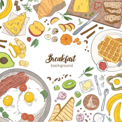 手绘方形背景 框架由早餐和健康的早餐组成——牛角包 煎蛋和培根 烤面包 水果餐五颜六色顶视图
