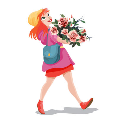 爱红头发的女孩走着 手里拿着一大束花包花玫瑰