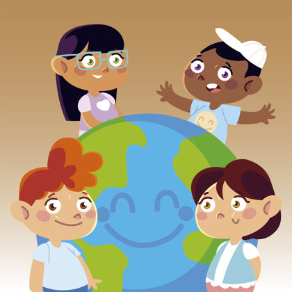 地球快乐的世界卡通男孩女孩 儿童插画微笑童年美好
