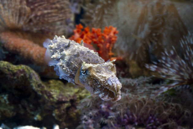 水鱿鱼躲在珊瑚后面 鱿鱼伪装在珊瑚后面珊瑚潜水海洋