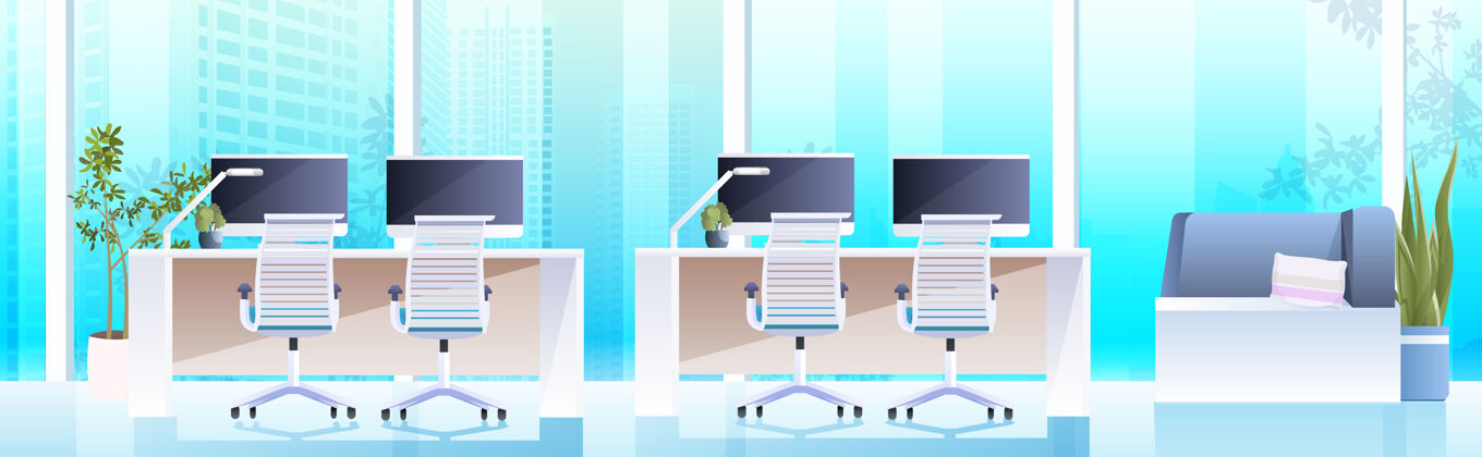 扶手椅开放空间协同工作中心工作场所配备电脑显示器现代橱柜室内办公室配备水平家具教育房子桌面