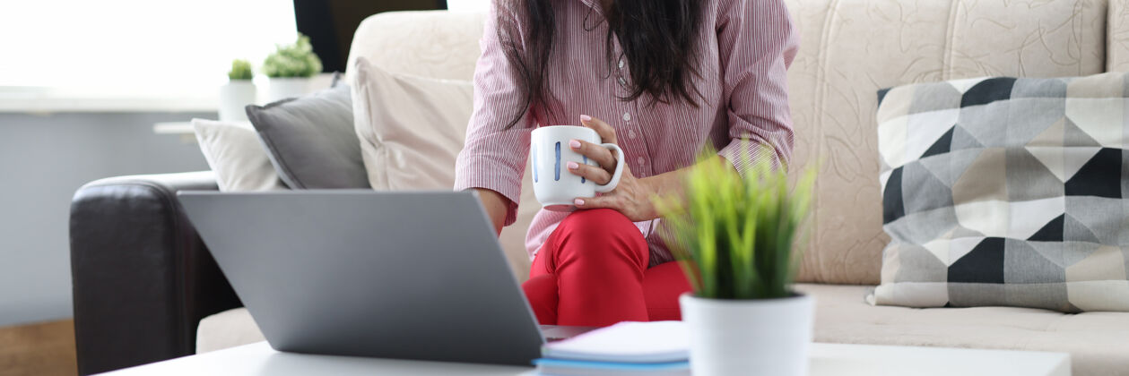 手那个女人正坐在家里的沙发上拿着杯子 在笔记本电脑上工作办公室黑发测试人员