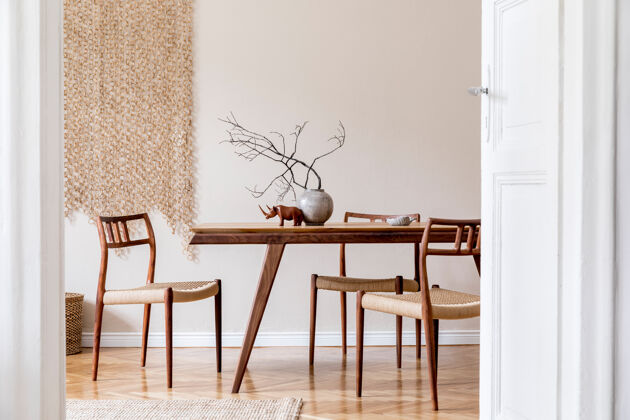 客厅现代餐厅的时尚米色室内设计有木制橡木桌椅 花瓶和鲜花 优雅的藤条配件和装饰韩国风格的家居装饰明亮座位灯