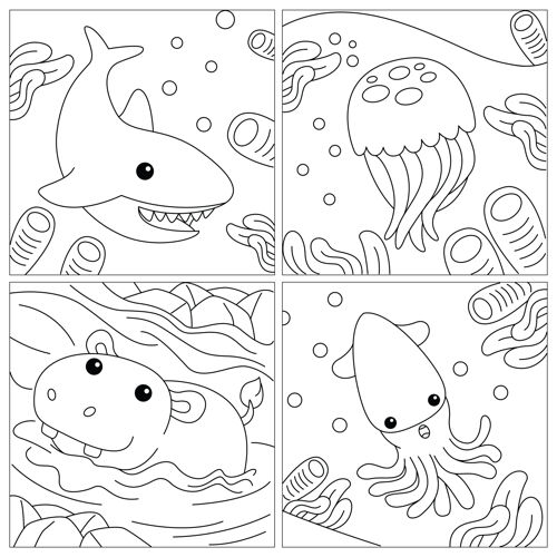 卡通可爱的颜色为孩子们与鲨鱼水母鱿鱼和河马素描绘画动物