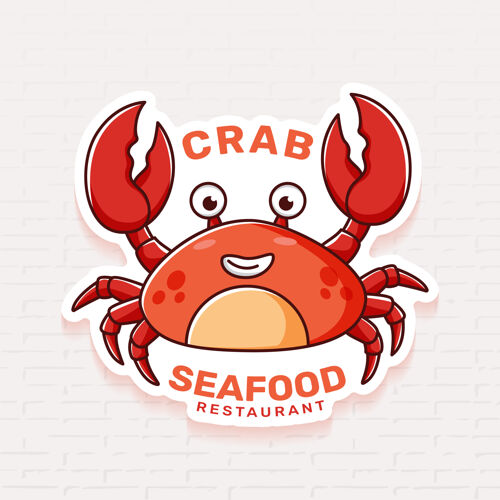 蟹卡通海鲜餐厅标志模板与螃蟹海滩海鲜蟹