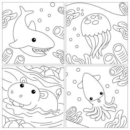 卡通可爱的颜色为孩子们与鲨鱼水母鱿鱼和河马素描绘画动物