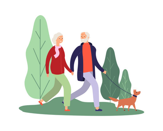 公园养狗的带着小狗散步的老夫妇狗成人角色