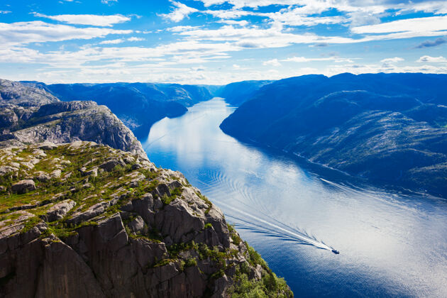 全景Preikestolen或prekestolen或讲坛岩石鸟瞰图 挪威风险挪威北欧