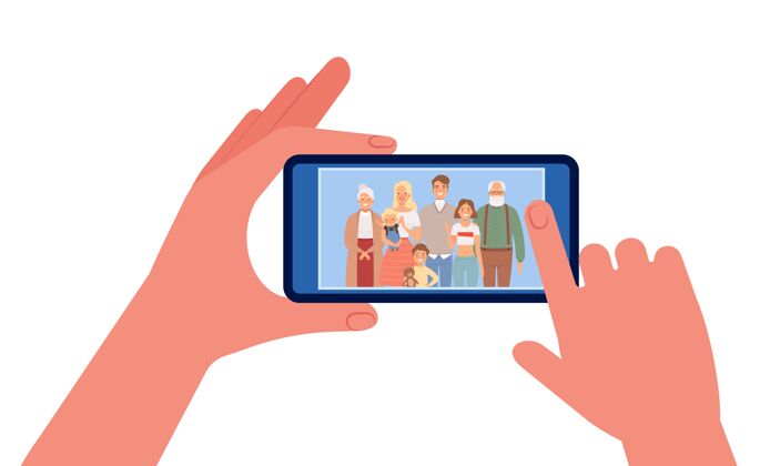 科技家庭photo.hands拿着带家庭照片的智能手机父亲显示设备