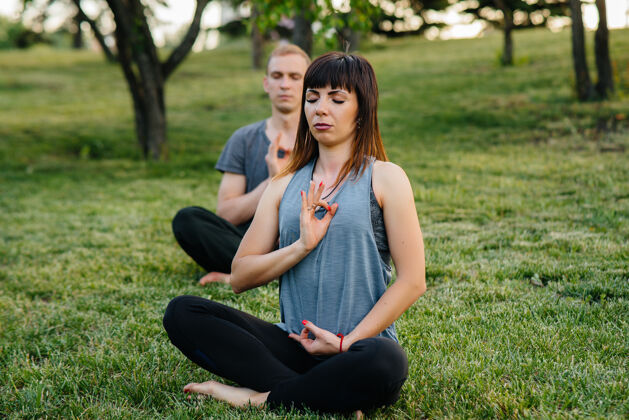年轻一群人在日落时分在公园里做瑜伽健康的生活方式 冥想和健康工作坊锻炼课堂