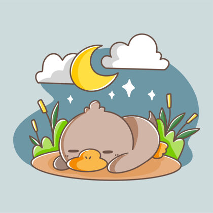 鸟可爱的睡鸭涂鸦插图夜晚睡眠画