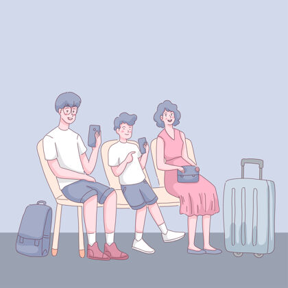 年轻旅客家属坐在机场候机室 父子俩用手机尽情享受phone.illustration平展的风格坐着旅游儿子