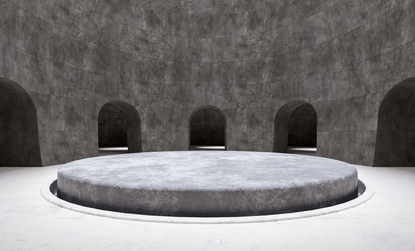 阴影最小的圆形产品讲台在一个空房间被拱门包围展示展览拱门