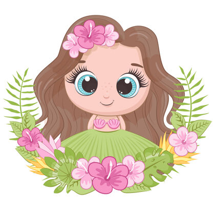 叶可爱的小女孩带着夏威夷花环flowers.cartoon矢量图解衬衫有趣明亮