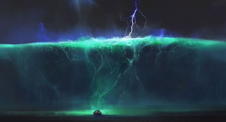 危险面对巨浪的小船 奇幻的插画风暴航海绘画