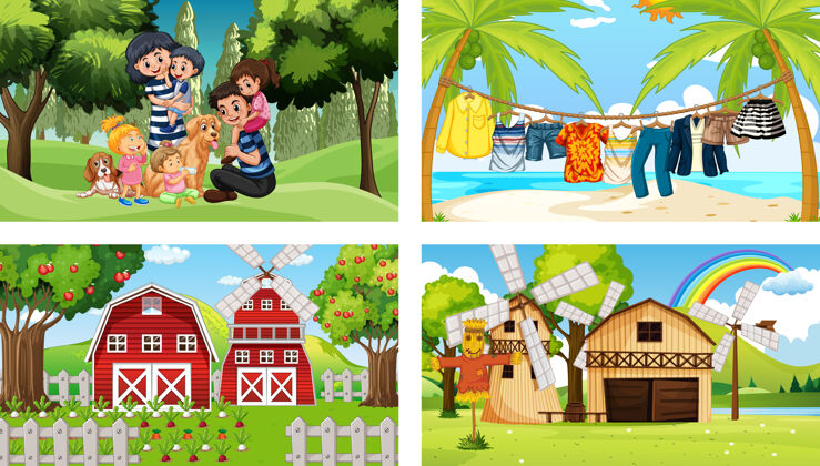 外面四个不同的场景与儿童卡通人物农场风车卡通