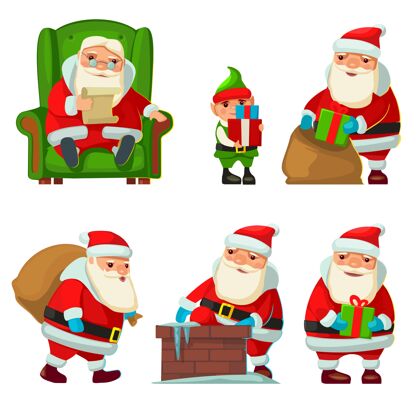 圣诞圣诞老人和精灵套装新年和圣诞快乐的平面矢量插图礼物配件卡通
