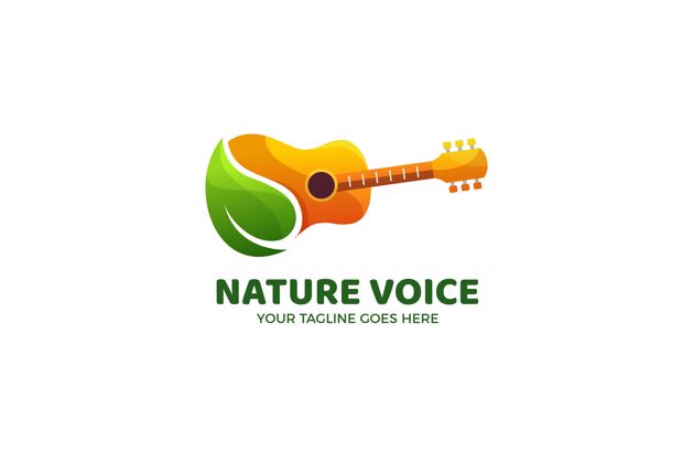 自然吉他和树叶标志模板抽象品牌唱片