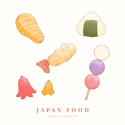卡通水彩日本料理套装绘画膳食彩色