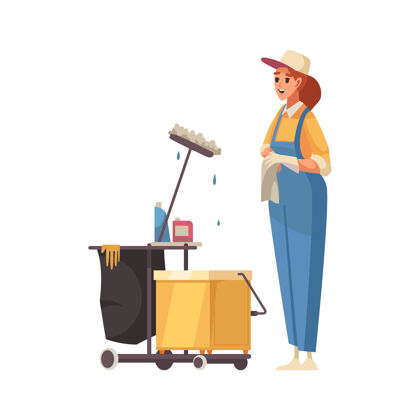 商业快乐的女人清洁工具清洁和清洗平面图标整洁地板工具