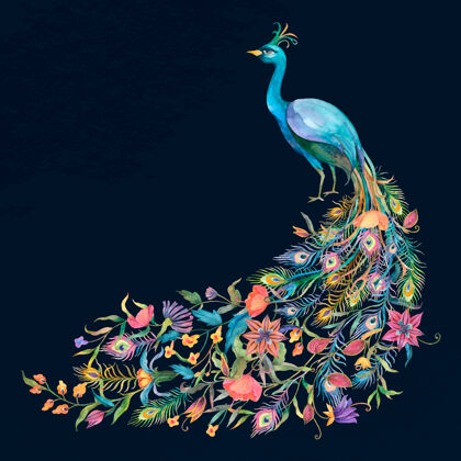 花卉美丽的水彩蓝孔雀孔雀花卉鸟类