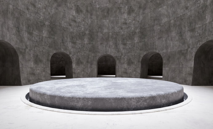 阴影最小的圆形产品讲台在一个空房间被拱门包围展示展览拱门