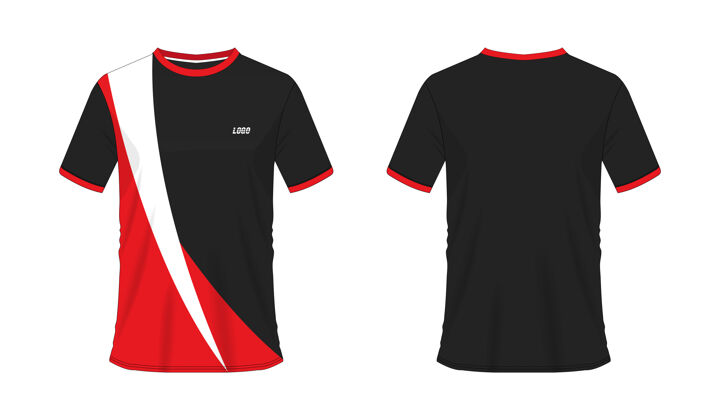 休闲红黑相间的足球T恤或白色球队俱乐部足球模板背景.jersey运动 球队球衣足球