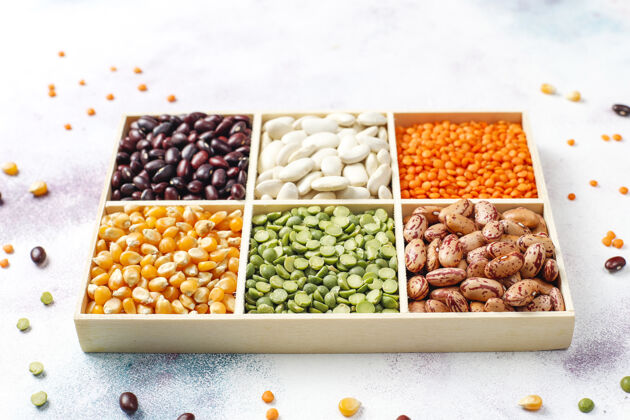 有机豆类和豆类品种健康的纯素蛋白质食物饮食视图木材
