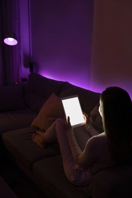科技坐在沙发上拿着平板电脑的全镜头女人房子室内平板电脑