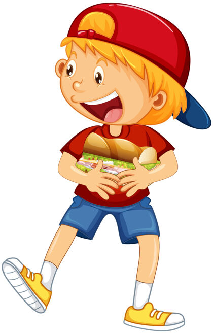 人快乐男孩卡通人物拥抱食物三明治幼儿园情感举行