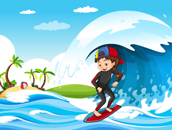 孩子大海浪在海洋场景与女孩站在冲浪板上冲浪风景活跃