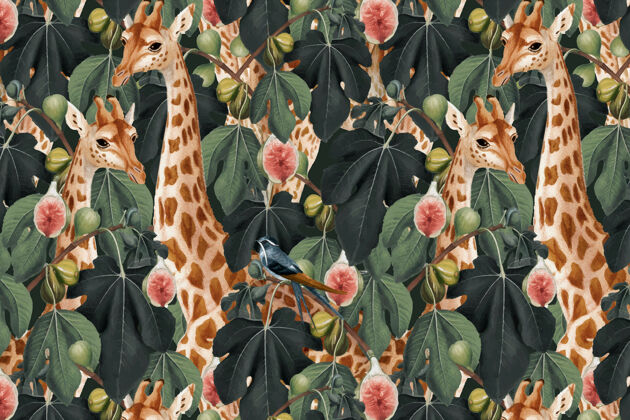 模式丛林中的长颈鹿图案背景热带叶动物模式