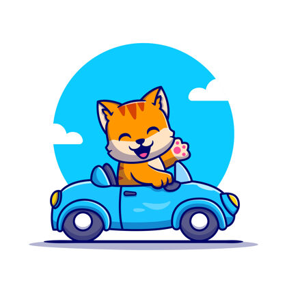 年轻可爱的猫开车卡通人物动物运输隔离汽车卡通可爱