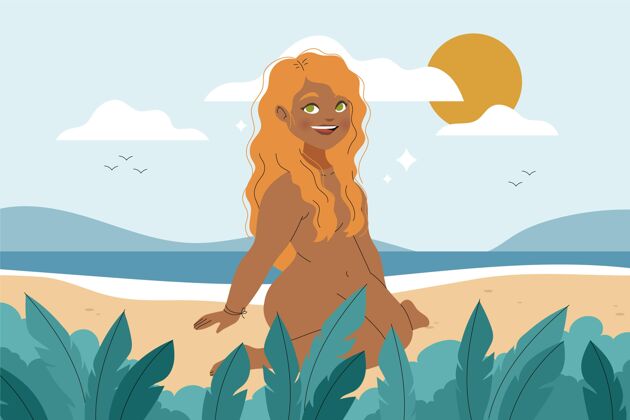 夏天手绘裸体主义概念插图季节手绘海滩