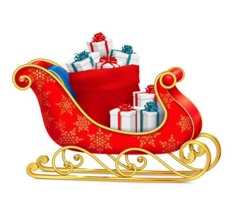 雪橇圣诞雪橇与礼物与红色雪橇与装饰品现实礼物形象