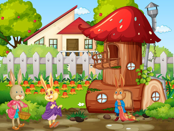 哺乳动物花园里有很多兔子卡通人物系列生物房子
