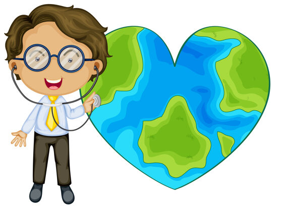 医生地球在心脏形状与医生卡通人物标牌医学世界