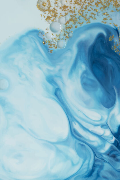 液体大理石抽象的蓝色水彩与金色闪光的背景流体艺术蓝色抽象背景抽象