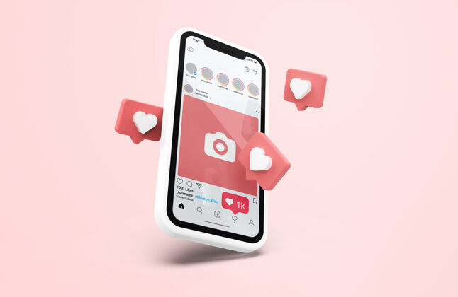 实体模型Instagram在白色手机上模拟3d图标社交故事帖子