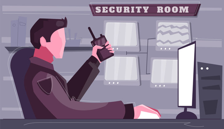 平面安全控制室平面图警卫角色 手持收音机在屏幕上观看警卫便携式保安
