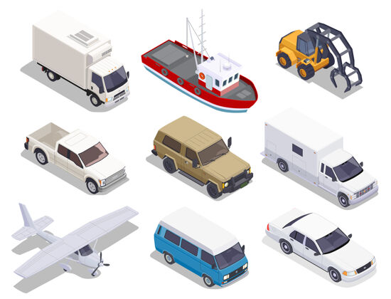 空白运输一套孤立的等距车 卡车 飞机和船插图车船