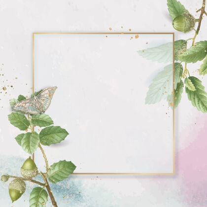 春天手绘橡木叶 粉色背景 方形金框常青空橡木叶