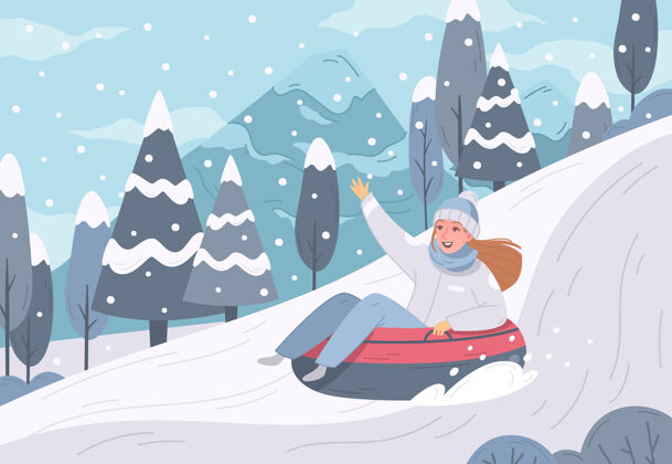 运动冬季运动休闲活动的组成与女性角色滑下一个幻灯片上的充气环活动休闲骑乘