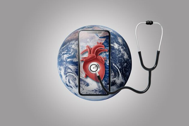 移动智能手机在地球上与听诊器的心脏保护医学环境
