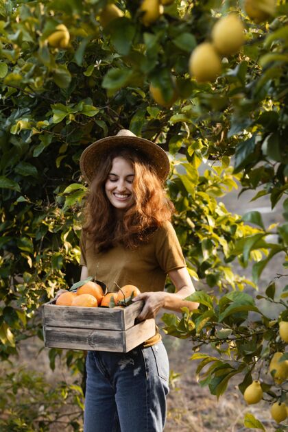 花园一个拿着桔子篮子的女人柑橘新鲜种植园